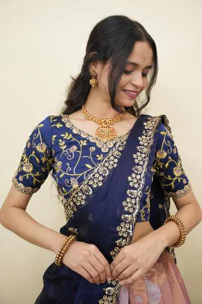 Beautiful South Indian Style Half Saree with Embroidery Work Blouse and Dupatta for Women | Ekta KV