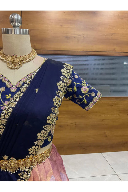 Beautiful South Indian Style Half Saree with Embroidery Work Blouse and Dupatta for Women | Ekta