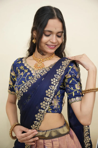 Beautiful South Indian Style Half Saree with Embroidery Work Blouse and Dupatta for Women | Ekta KV
