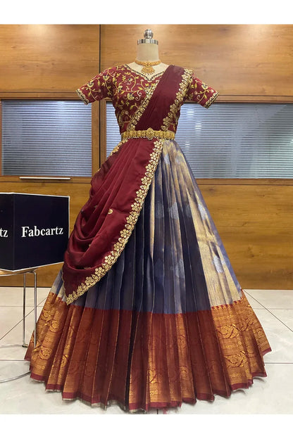 Beautiful South Indian Style Half Saree with Embroidery Work Blouse and Dupatta for Women | Ekta