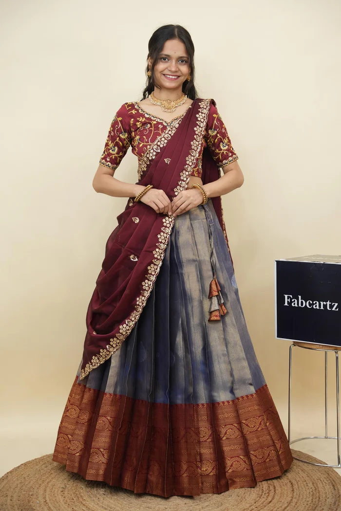 Beautiful South Indian Style Half Saree with Embroidery Work Blouse and Dupatta for Women | Ekta KV