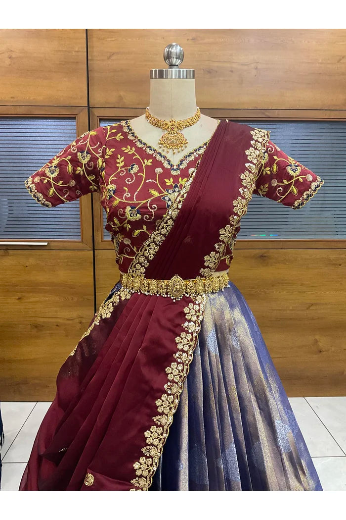 Beautiful South Indian Style Half Saree with Embroidery Work Blouse and Dupatta for Women | Ekta