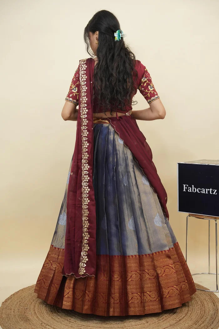 Beautiful South Indian Style Half Saree with Embroidery Work Blouse and Dupatta for Women | Ekta KV