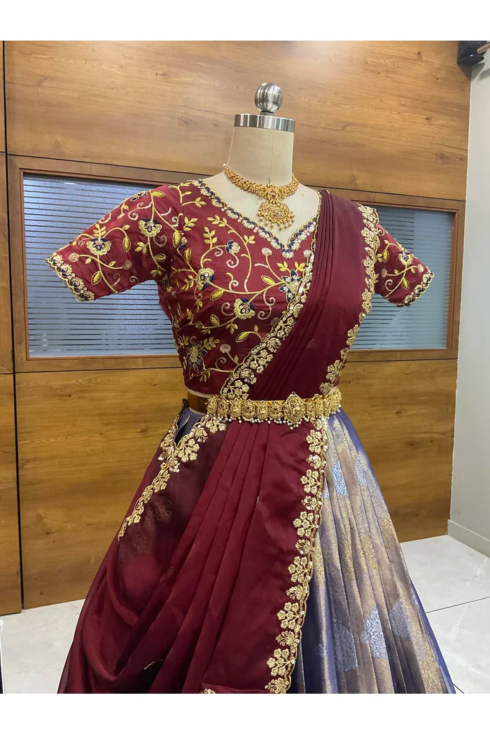 Beautiful South Indian Style Half Saree with Embroidery Work Blouse and Dupatta for Women | Ekta