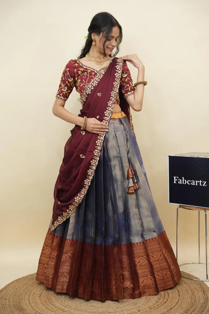 Beautiful South Indian Style Half Saree with Embroidery Work Blouse and Dupatta for Women | Ekta KV
