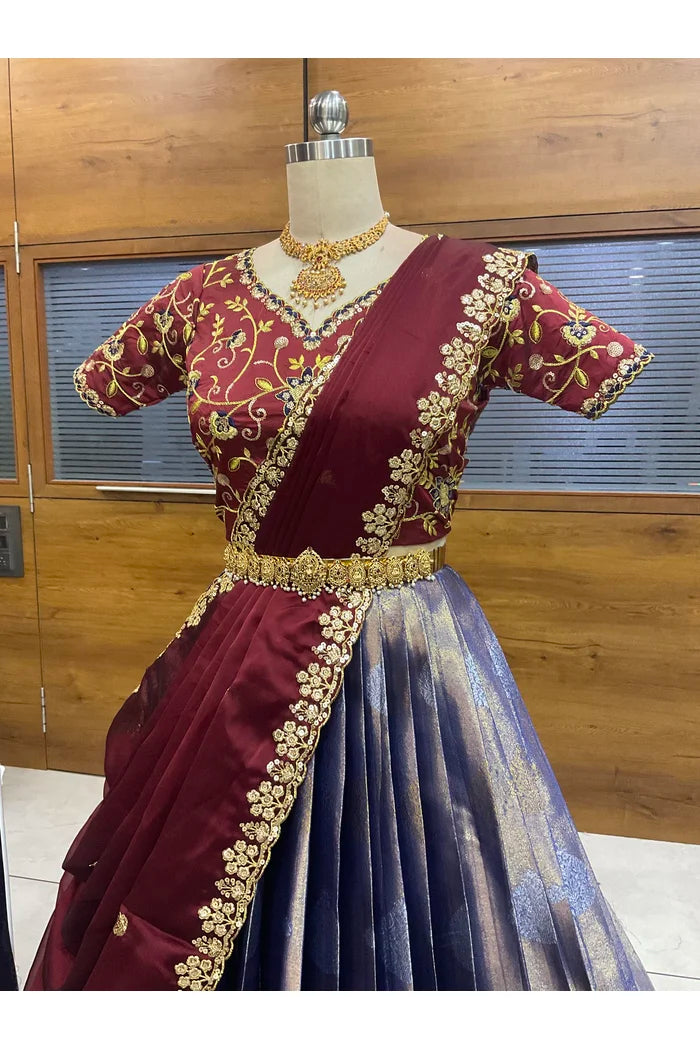 Beautiful South Indian Style Half Saree with Embroidery Work Blouse and Dupatta for Women | Ekta