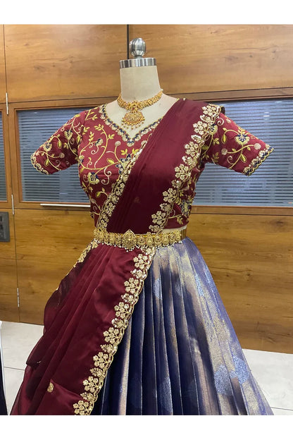 Beautiful South Indian Style Half Saree with Embroidery Work Blouse and Dupatta for Women | Ekta