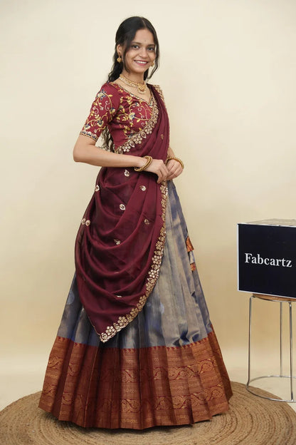 Beautiful South Indian Style Half Saree with Embroidery Work Blouse and Dupatta for Women | Ekta KV