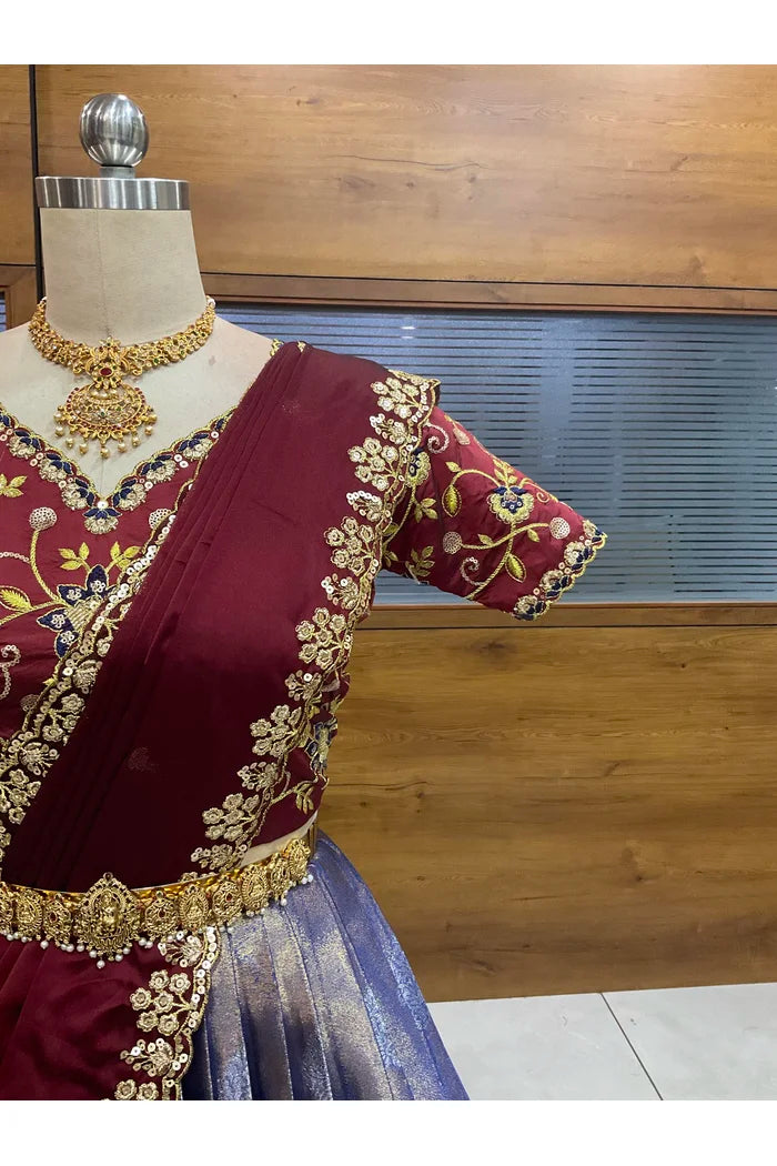 Beautiful South Indian Style Half Saree with Embroidery Work Blouse and Dupatta for Women | Ekta
