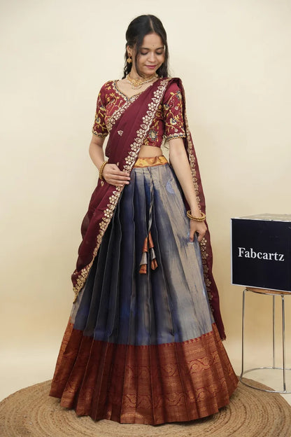 Beautiful South Indian Style Half Saree with Embroidery Work Blouse and Dupatta for Women | Ekta KV