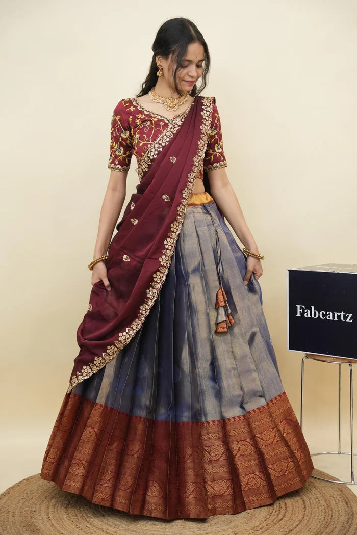 Beautiful South Indian Style Half Saree with Embroidery Work Blouse and Dupatta for Women | Ekta KV