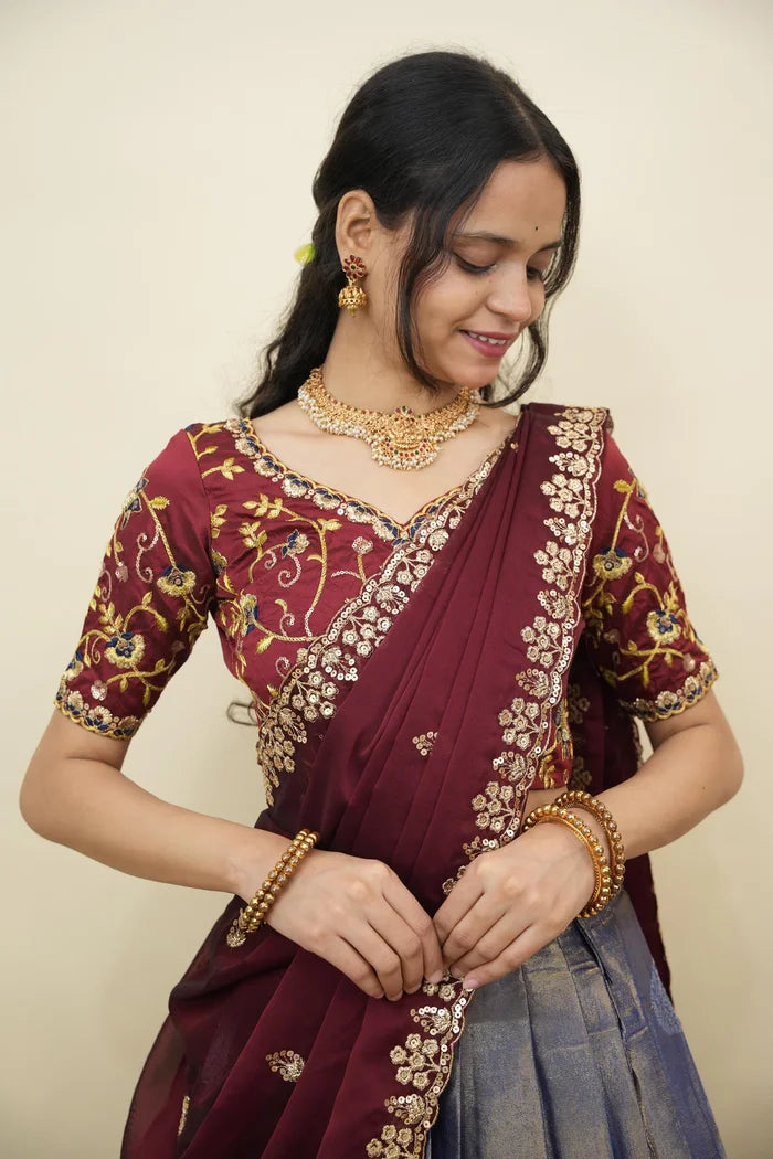 Beautiful South Indian Style Half Saree with Embroidery Work Blouse and Dupatta for Women | Ekta KV