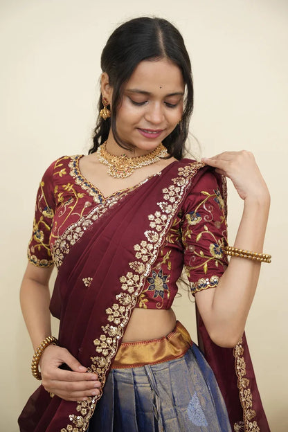 Beautiful South Indian Style Half Saree with Embroidery Work Blouse and Dupatta for Women | Ekta KV