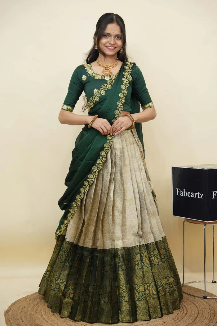 Beautiful South Indian Style Half Saree with Embroidery Blouse and Dupatta for Women | Charita KV