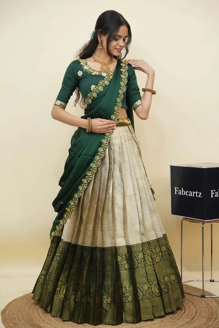 Beautiful South Indian Style Half Saree with Embroidery Blouse and Dupatta for Women | Charita KV