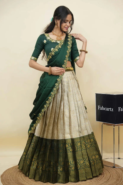 Beautiful South Indian Style Half Saree with Embroidery Blouse and Dupatta for Women | Charita KV