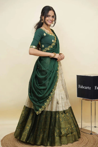 Beautiful South Indian Style Half Saree with Embroidery Blouse and Dupatta for Women | Charita KV