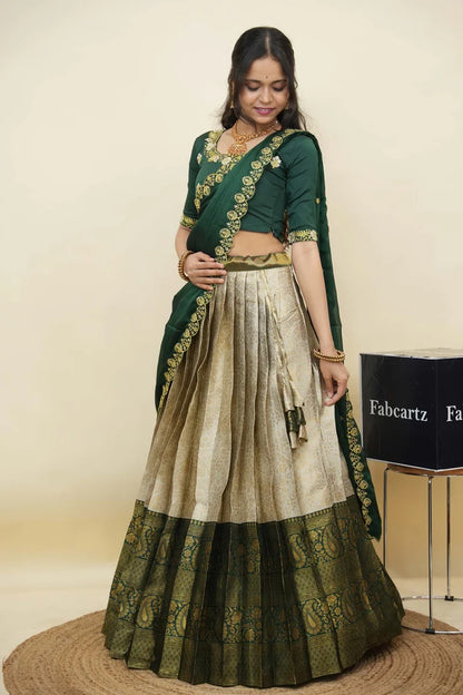 Beautiful South Indian Style Half Saree with Embroidery Blouse and Dupatta for Women | Charita KV