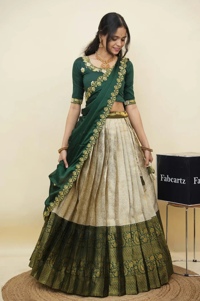 Beautiful South Indian Style Half Saree with Embroidery Blouse and Dupatta for Women | Charita KV