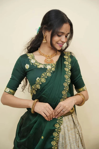 Beautiful South Indian Style Half Saree with Embroidery Blouse and Dupatta for Women | Charita KV