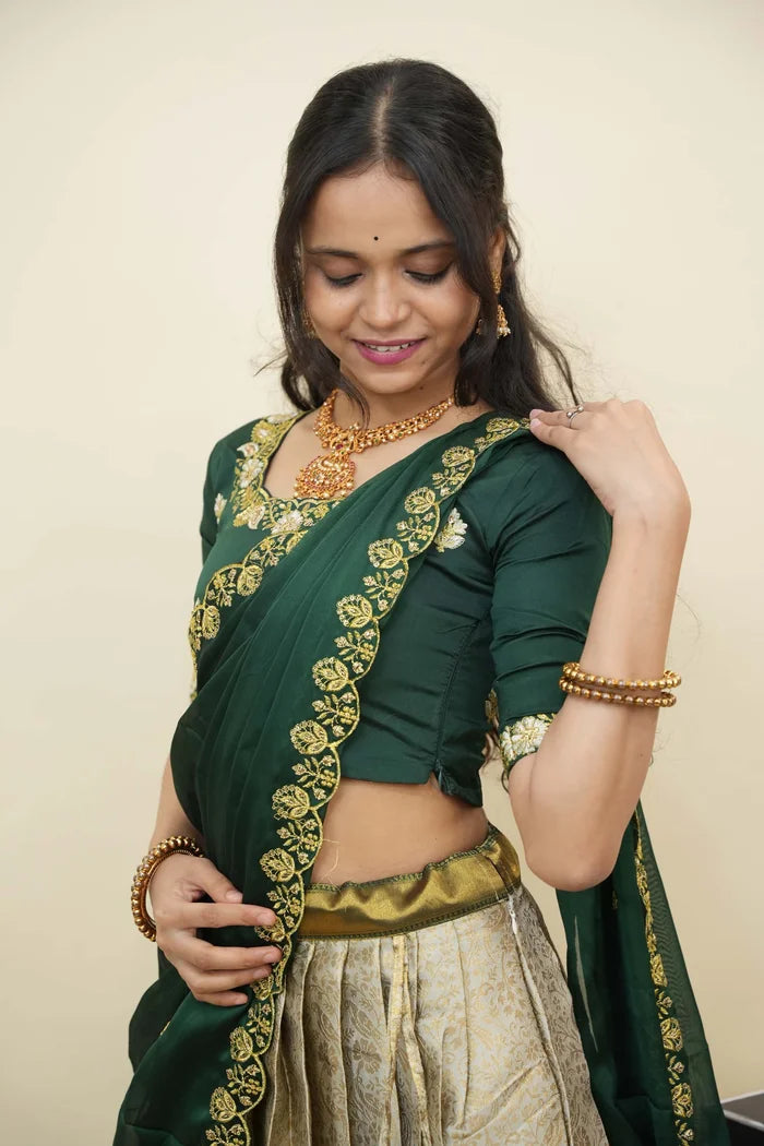 Beautiful South Indian Style Half Saree with Embroidery Blouse and Dupatta for Women | Charita KV