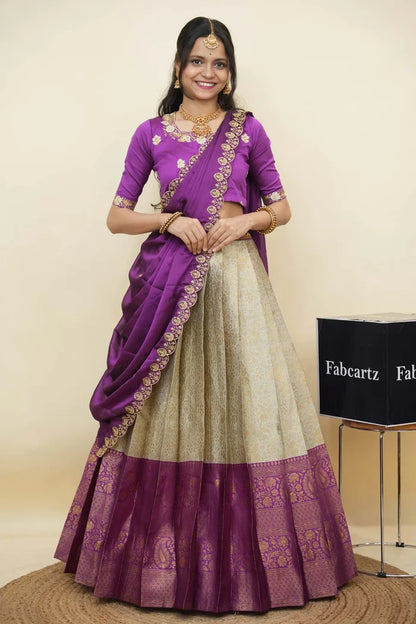 Beautiful South Indian Style Half Saree with Embroidery Blouse and Dupatta for Women | Charita KV
