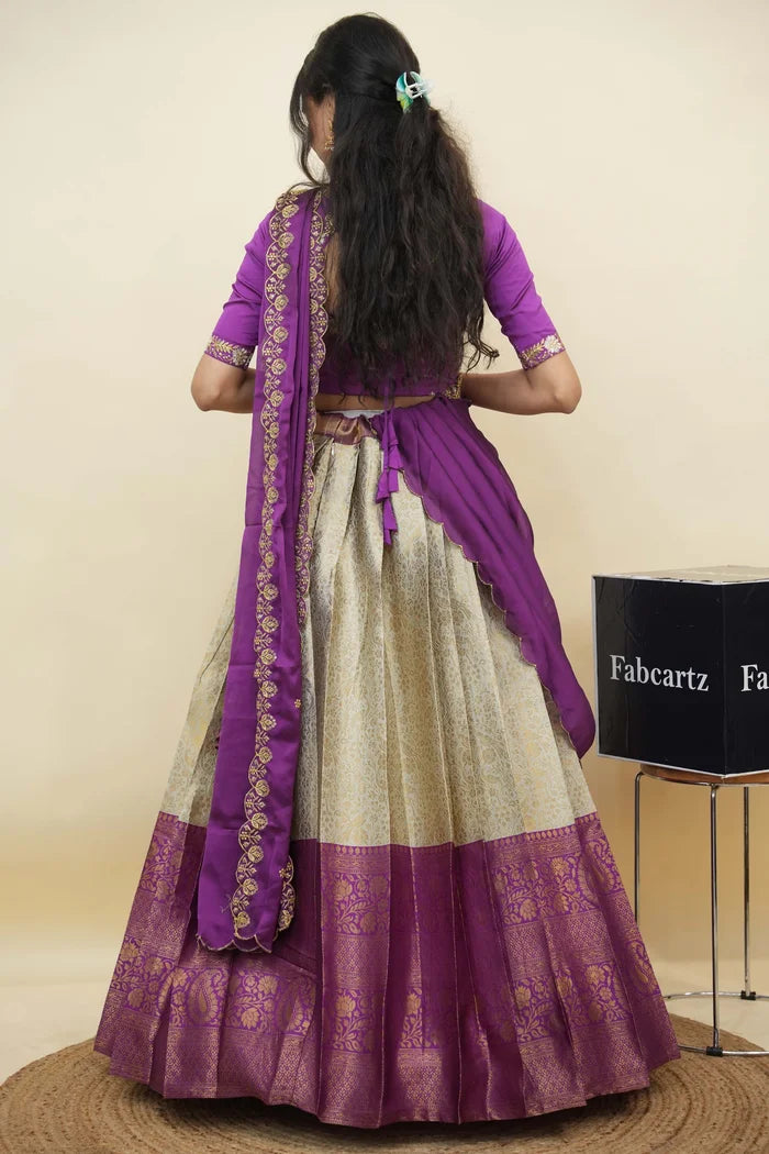 Beautiful South Indian Style Half Saree with Embroidery Blouse and Dupatta for Women | Charita KV