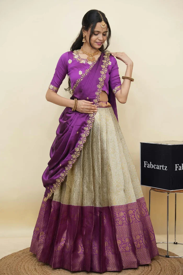 Beautiful South Indian Style Half Saree with Embroidery Blouse and Dupatta for Women | Charita KV