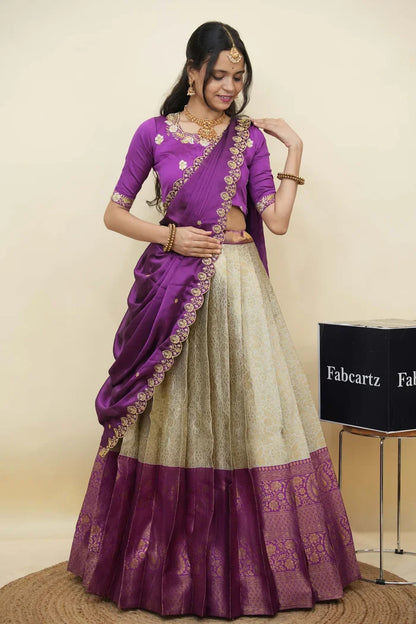 Beautiful South Indian Style Half Saree with Embroidery Blouse and Dupatta for Women | Charita KV