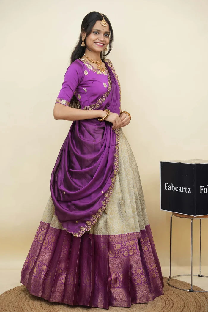 Beautiful South Indian Style Half Saree with Embroidery Blouse and Dupatta for Women | Charita KV
