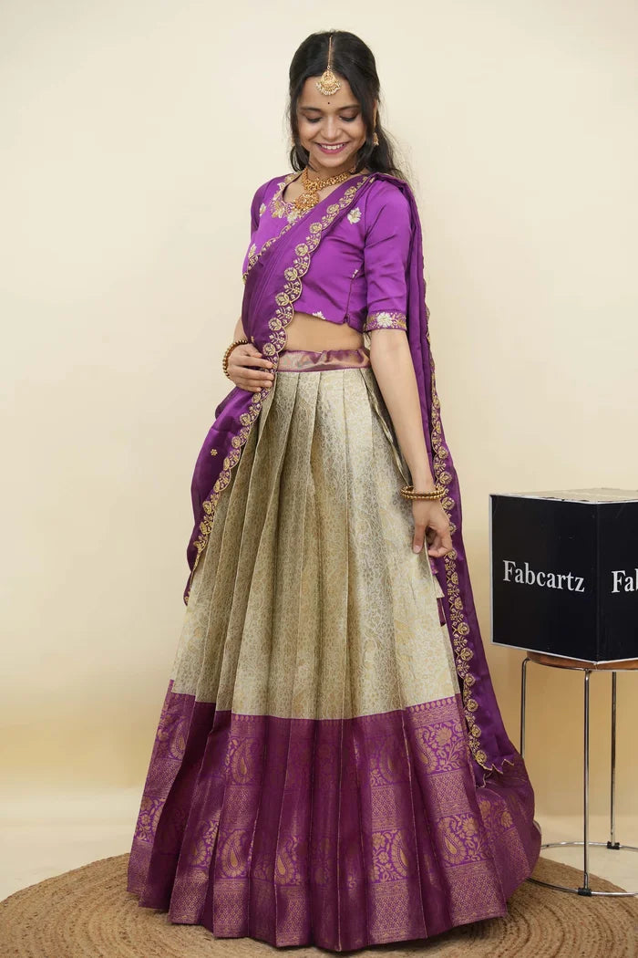 Beautiful South Indian Style Half Saree with Embroidery Blouse and Dupatta for Women | Charita KV