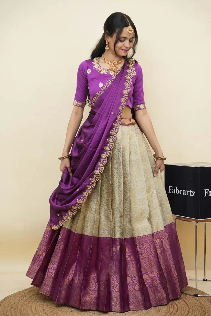 Beautiful South Indian Style Half Saree with Embroidery Blouse and Dupatta for Women | Charita KV