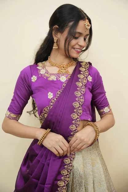 Beautiful South Indian Style Half Saree with Embroidery Blouse and Dupatta for Women | Charita KV