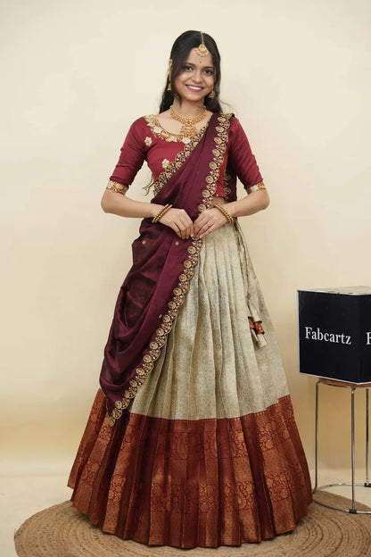Beautiful South Indian Style Half Saree with Embroidery Blouse and Dupatta for Women | Charita KV