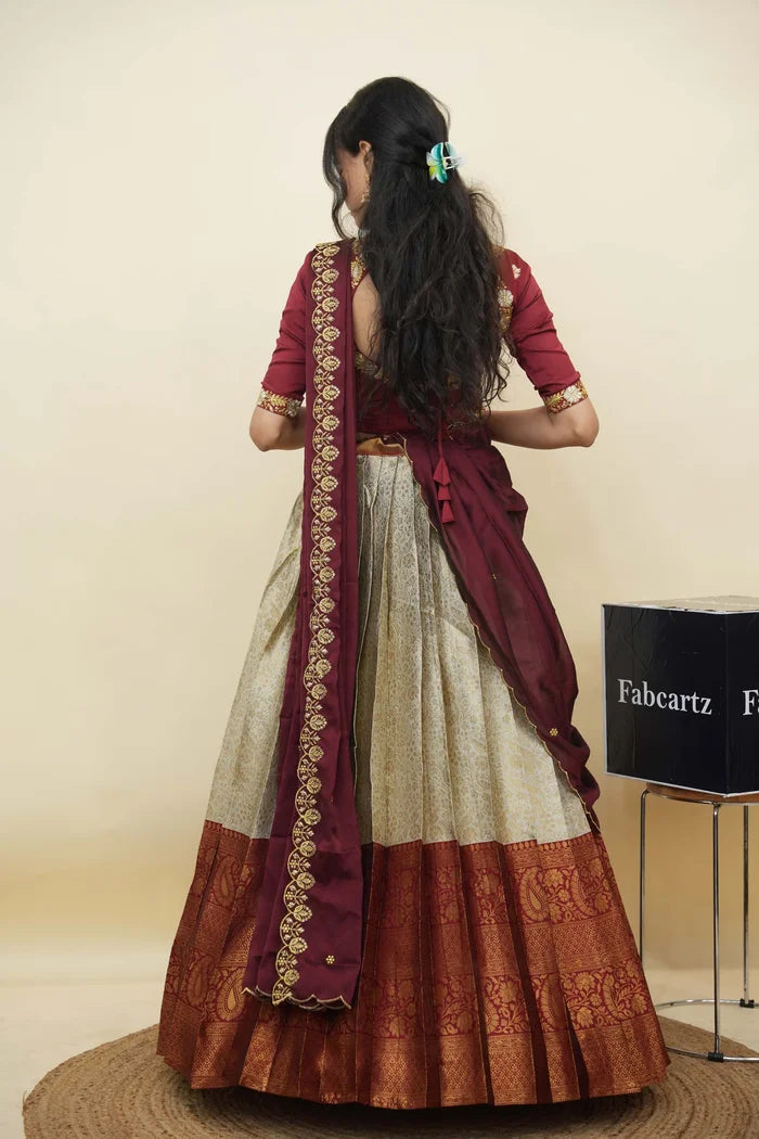 Beautiful South Indian Style Half Saree with Embroidery Blouse and Dupatta for Women | Charita KV