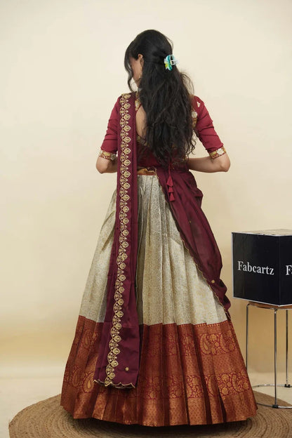 Beautiful South Indian Style Half Saree with Embroidery Blouse and Dupatta for Women | Charita KV