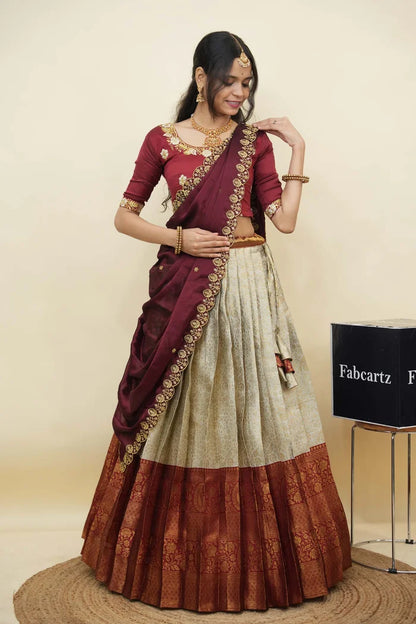 Beautiful South Indian Style Half Saree with Embroidery Blouse and Dupatta for Women | Charita KV