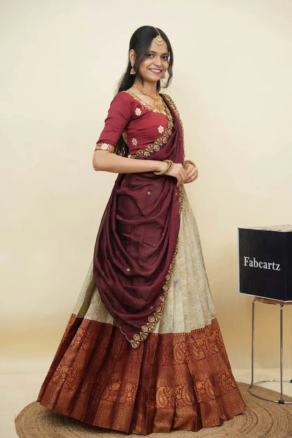 Beautiful South Indian Style Half Saree with Embroidery Blouse and Dupatta for Women | Charita KV