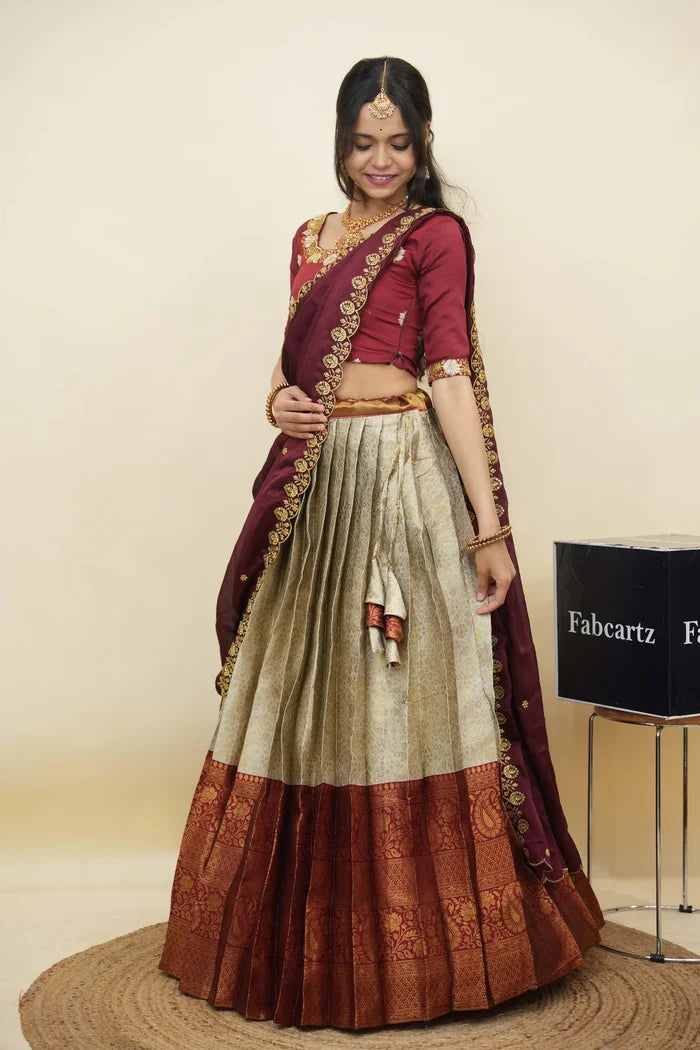 Beautiful South Indian Style Half Saree with Embroidery Blouse and Dupatta for Women | Charita KV