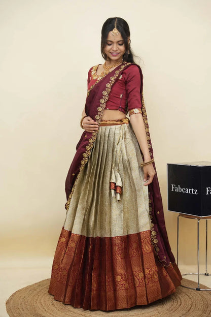 Beautiful South Indian Style Half Saree with Embroidery Blouse and Dupatta for Women | Charita KV
