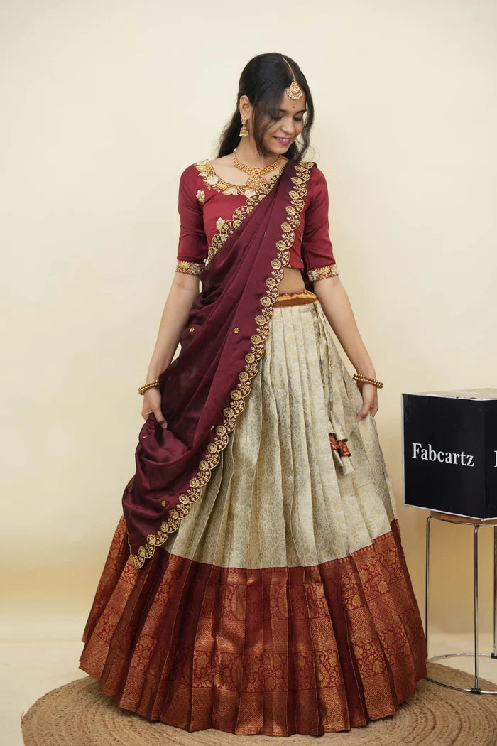 Beautiful South Indian Style Half Saree with Embroidery Blouse and Dupatta for Women | Charita KV