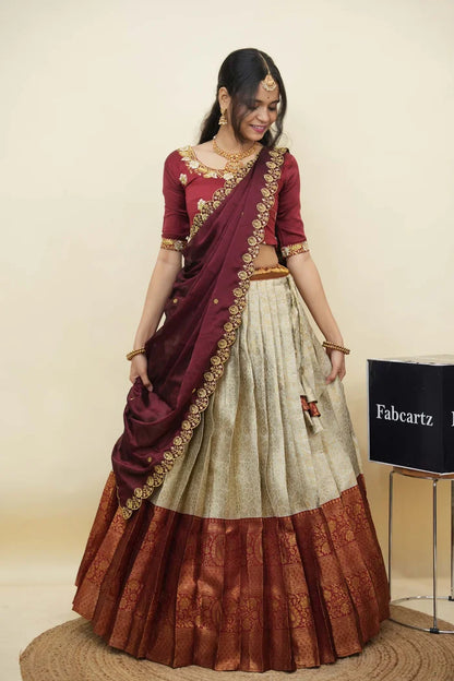Beautiful South Indian Style Half Saree with Embroidery Blouse and Dupatta for Women | Charita KV