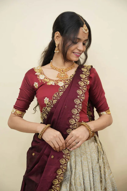 Beautiful South Indian Style Half Saree with Embroidery Blouse and Dupatta for Women | Charita KV