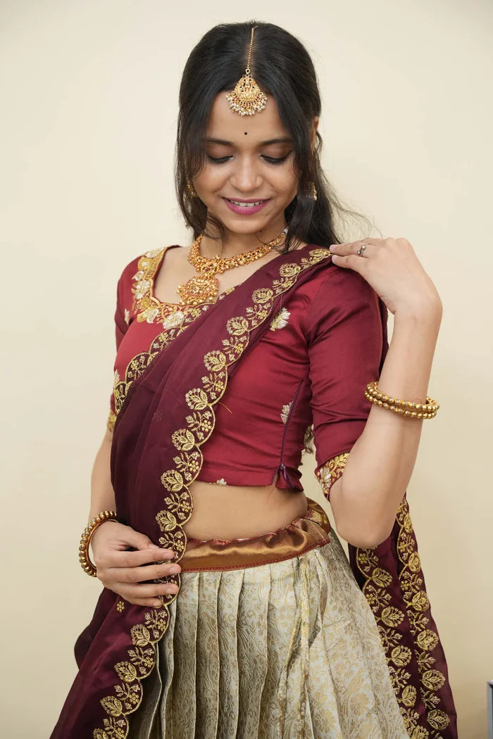 Beautiful South Indian Style Half Saree with Embroidery Blouse and Dupatta for Women | Charita KV