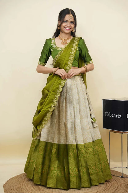 Beautiful South Indian Style Half Saree with Embroidery Blouse and Dupatta for Women | Charita KV