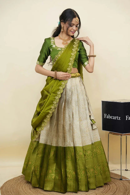 Beautiful South Indian Style Half Saree with Embroidery Blouse and Dupatta for Women | Charita KV