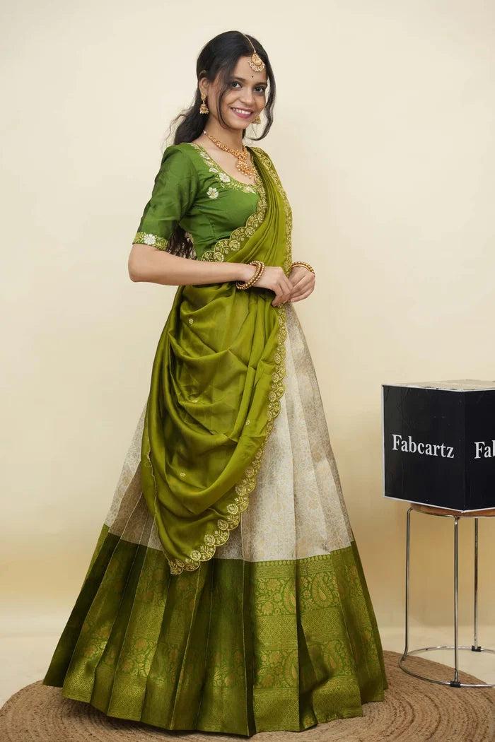 Beautiful South Indian Style Half Saree with Embroidery Blouse and Dupatta for Women | Charita KV