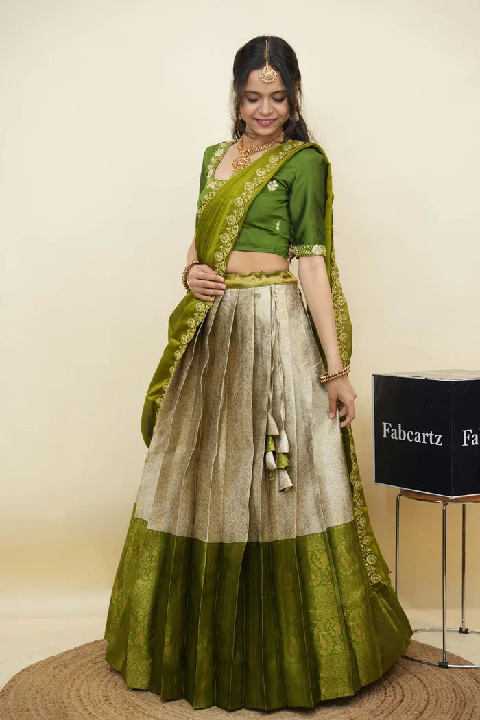 Beautiful South Indian Style Half Saree with Embroidery Blouse and Dupatta for Women | Charita KV