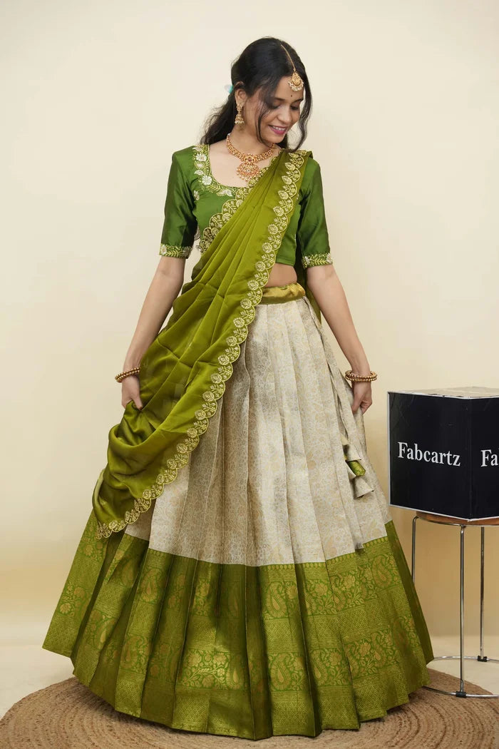 Beautiful South Indian Style Half Saree with Embroidery Blouse and Dupatta for Women | Charita KV
