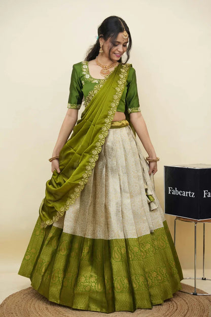 Beautiful South Indian Style Half Saree with Embroidery Blouse and Dupatta for Women | Charita KV